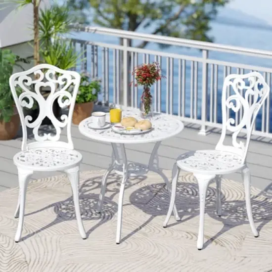 Costway 3 PCS Patio Bistro Set with Umbrella Holes Outdoor Bistro Set for Front Porch White/Green image {3}