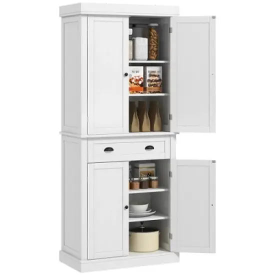 Gulches Traditional 72.5" Freestanding Kitchen Pantry Cabinet - 4 Doors, Drawer, 3 Adjustable Shelves, White Wood Grain 30"W x16"D x72.5"H image {10}