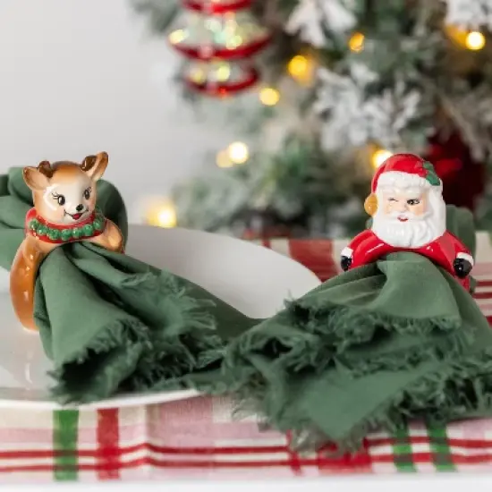 Transpac 8.25 in Holiday Vintage Santa Reindeer Napkin Rings Set of 4 Dolomite Kitchen Holders for Festive Dining image {1}