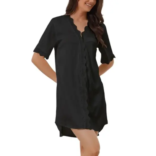 cheibear Womens Satin Pajama Dress Button Down Silky Short Sleeves Nightgowns image {7}