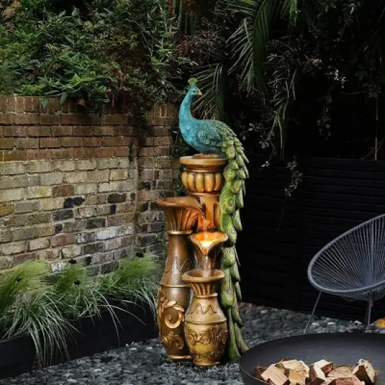 LuxenHome Peacock and Urns Resin Outdoor Fountain with LED Lights image {1}