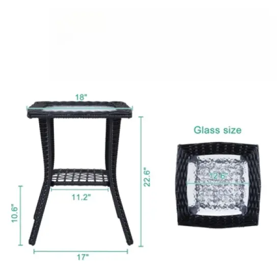 DSVIMOY Square End Table, Rattan End Table with Glass Top, Patio Coffee Bistro Table for Indoor Garden Porch Balcony, Black, 18"*18"*22.6" image {2}