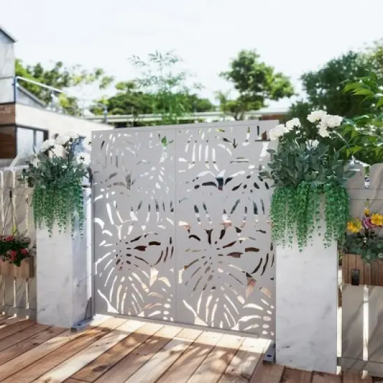 PexFix 72 in. x 47 in. Outdoor Metal Privacy Screen Garden Fence in Leaf Pattern in White image {1}