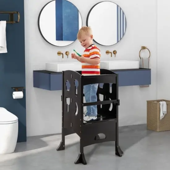 Costway Folding Kitchen Kids Step Ladder Stool Wooden Toddler Safety Tower Helper Coffee/White image {1}