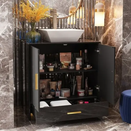 FUFU&GAGA Modern Bathroom Vanity Cabinet with Gold Handles, High-Gloss Finish image {1}