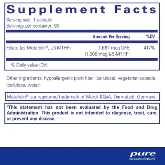 Pure Encapsulations Folate 1000 - Metafolin L-5-MTHF - Heart Health Supplement* - Folate Supplement - Non-GMO & Gluten Free - 90 Capsules image {1}