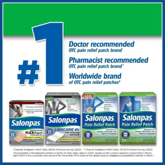 Salonpas Pain Relief Patch, Up to 12 Hours Temporary Relief of Mild to Moderate Pain, Backache, Sore Muscle, Sprains, Bruises, Large 9 Count image {5}