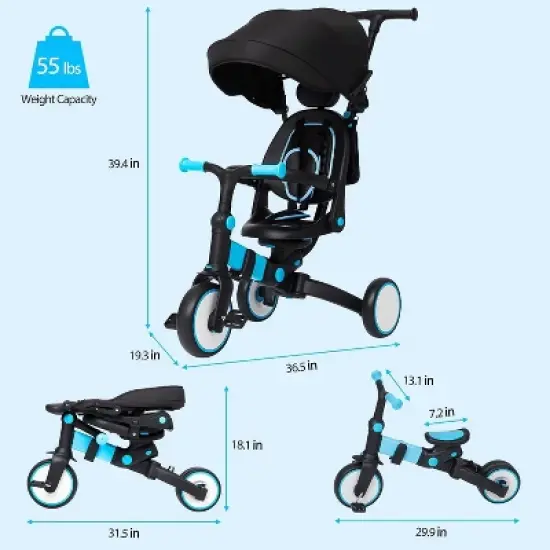 7-in-1 Foldable Baby Tricycle - Adjustable Parent Handle & Canopy - Safety Harness & Guardrail - Trike/Balance Bike for 1-6 Year Olds image {2}