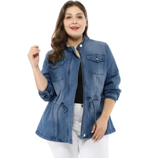 Agnes Orinda Women's Plus Size Stand Collar Zipper Denim Jacket image {7}