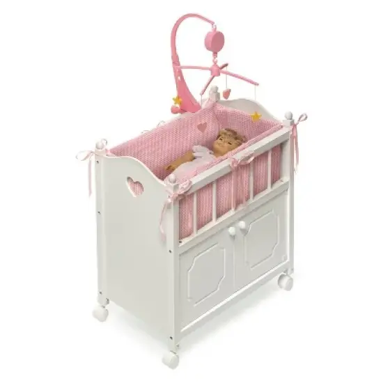 Badger Basket Cabinet Doll Crib with Gingham Bedding and Free Personalization Kit - White/Pink image {5}