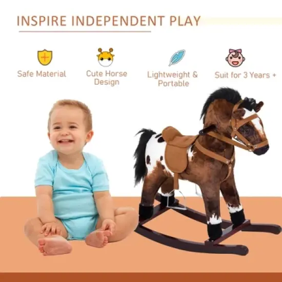 Qaba Kids Metal Plush Ride-On Rocking Horse Chair Toy With Realistic Sounds - Dark Brown/White image {2}