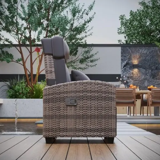 Garvee Outdoor Recliner Chair, Rattan Lounge Chair with Adjustable Backrest & Footrest, 150&deg; Lay Flat, Flip-Up Table, Removable Cushion image {5}