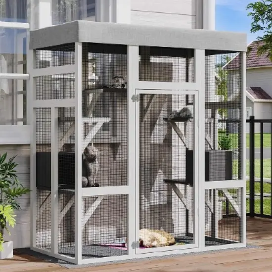 Angel Sar 70 Inch Outdoor Cat Enclosure with Waterproof Roof, Large Catio with 2 Houses & 7 Platforms, Rust-Proof Wire Pet Cage, Light Grey image {7}