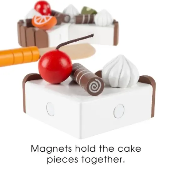 Birthday Cake-Kids Wooden Magnetic Dessert with Cutting Knife, Fruit Toppings, Chocolate and Vanilla Swirls-Fun Pretend Play Party Food by Toy Time image {3}