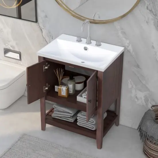 24" Modern Stylish Bathroom Vanity with Porcelain Sink and Open Shelves - ModernLuxe image {1}