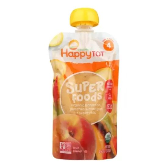 Happy Family Organics Happy Tot Superfoods Organic Bananas, Peaches, and Mangos Fruit Blend - Case of 16/4.22 oz image {1}