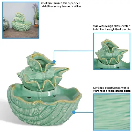 Sunnydaze Indoor Home Decorative Stacked Tiered Seashells Tabletop Water Fountain Feature - 7" - Green image {7}