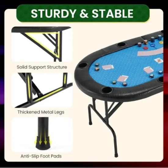 EROMMY 72" Oval 8-Player Poker Table Foldable, Ready To Use Card Table With Cup Holders image {6}