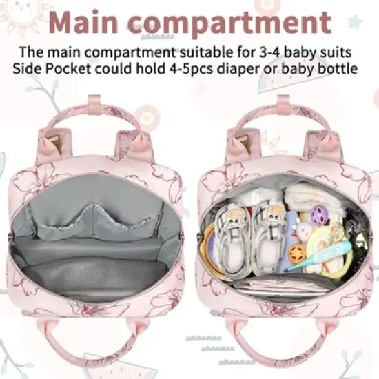 Itopfox Pink Floral Diaper Backpack for Girls, Large Waterproof Baby Bag with Insulated Pockets, Stroller Straps, Travel Holiday image {4}