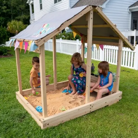 Funphix Dig n&rsquo; Play Wooden Sandbox Playhouse with Bench & Flower Planter, Outdoor Sand Pit for Kids image {6}