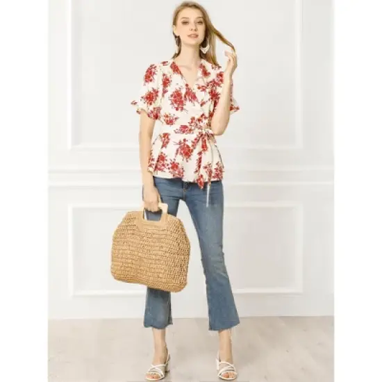 Allegra K Women's Floral V Neck Tie Waist Short Sleeve Belted Ruffle Wrap Top image {2}