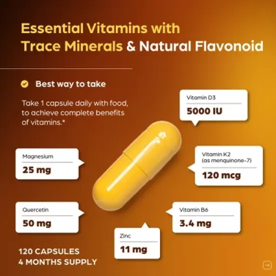 Sandhu's Vitamin D3 K2 5000IU, 120 mcg Capsules 120 Count with Magnesium, Vit B6, Zinc & Quercetin, Supports Energy, Immune, Bone & Muscle Health image {4}