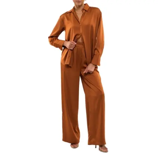 August Sky Women's Satin Button Down Top and Wide Leg Pant Set image {4}