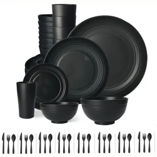 Itopfox 80-Piece Kitchen Plastic Wheat Straw Dinnerware Set, Includes Plates, Cups & Flatware, Dishwasher Safe, Unbreakable for Outdoor Use, Black image {7}