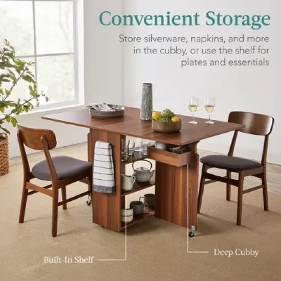 Best Choice Products Multipurpose Folding Table w/ Built-in Wheels, 3 Storage Shelves, Cubby, Carrying Handle image {3}