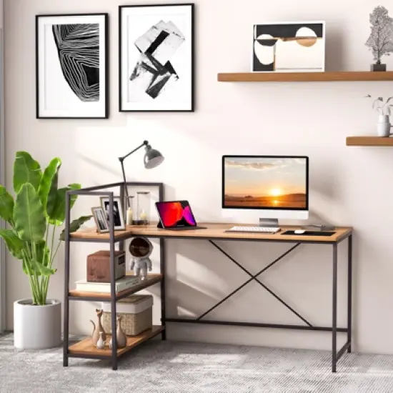 Tangkula 59" L-Shaped Computer Desk Large Reversible Corner Desk w/ Storage Shelves Space-Saving Writing Table PC Laptop Gaming Desk Black + Walnut image {2}