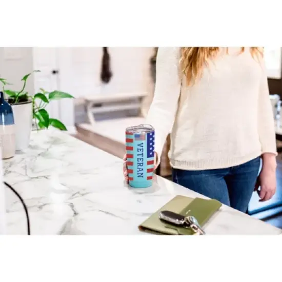 100 North 20 Ounce Stainless Steel On the Go Travel Tumbler With Push Top Lid, American Flag Veteran Teal image {3}