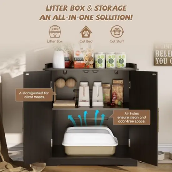 Cat Litter Box Enclosure, Hidden Litter Box Furniture with Removable Dividers & Reversible Entrance image {3}