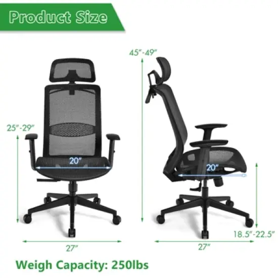 Tangkula High Back Mesh Office Chair Ergonomic Executive Chair Swivel Computer Task Chair w/ Headrest Black/ Gray image {2}
