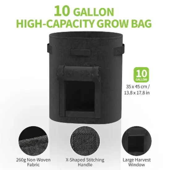Garnen 4 Pack 10 Gallon Garden Potato Grow Bags, Fabric Grow Bags for Outdoor and Indoor, Indoor Planters with Harvest Window - Black image {2}