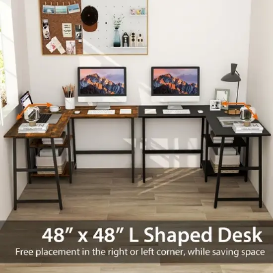 Costway L Shaped Corner Computer Desk Study Table w/Storage Shelves Black/Rustic Brown image {5}