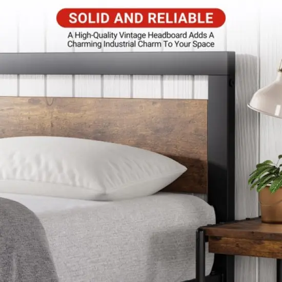 Full Size Bed Frame, 14 Inch King Size Bed Platform Industrial with Headboard No Box Spring Needed, Easy Assemble Mattress Bedframe Retro Brown image {3}