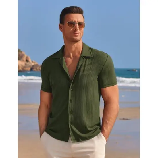 COOFANDY Mens Knit Button Down Short Sleeve Button Up Shirt Summer Casual Beach Tops image {3}