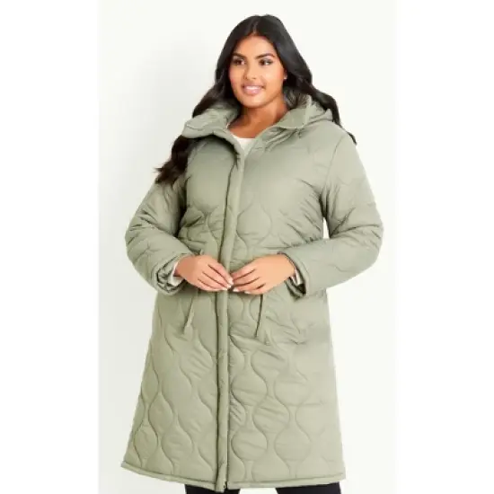 Women's Plus Size Quilted Hood Coat - Green | EVANS image {4}