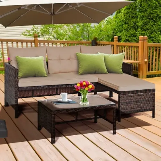 Costway 3PC Patio Sofa Set Outdoor Sectional Conversation Set Rattan Wicker image {2}