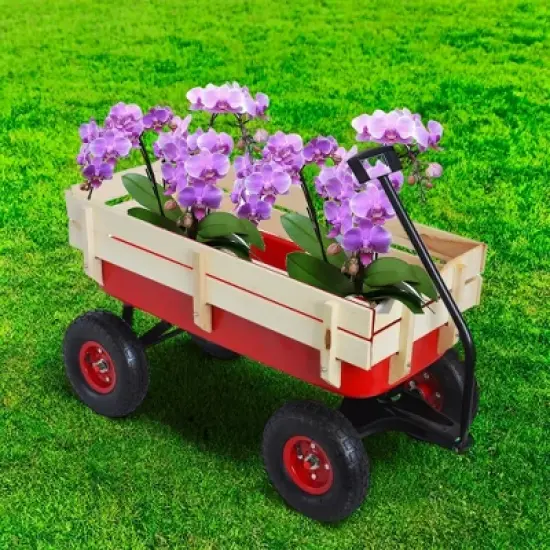 FURNIinspire Wheelbarrows And Lawn Carts Outdoor Sport Wagon Tools Cart Wooden Side Panels Air Tires Wagon, Garden Cart With Handle, Red, 39&ldquo;*16"*20" image {5}