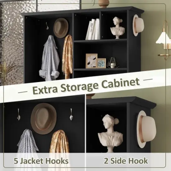 TIRAMISUBEST Hall Tree with Bench & Storage - Modern Entryway Organizer with Drawers, 5 Hooks & Shoe Cabinet, Black image {6}