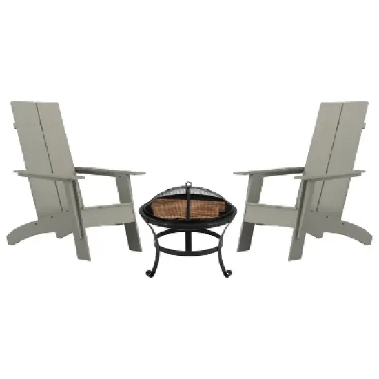Emma and Oliver Set of 2 Modern All-Weather Poly Resin Adirondack Rocking Chairs with a Wood Burning Fire Pit for Outdoor Use image {1}