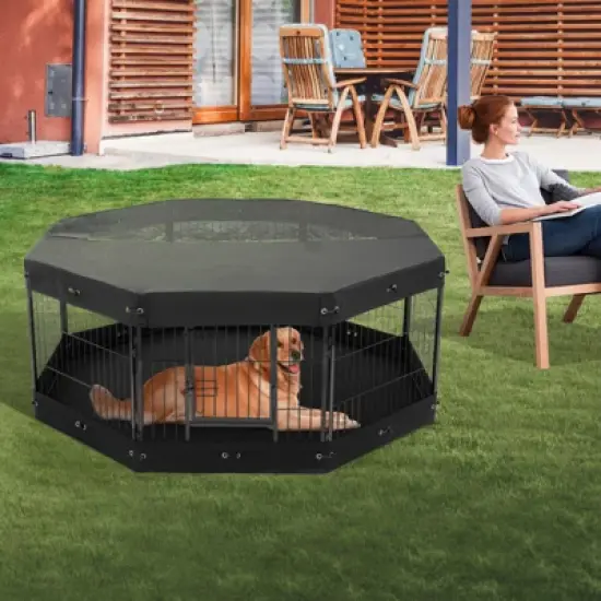 VEVOR Dog Playpen, 8 Pcs 24 x 24 in Panels Foldable Metal Pet Exercise Pen, Dog Fence Indoor and Outdoor Pen with Door, Storage Bag, Top Cover image {1}