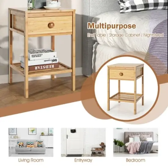 Costway Bamboo Nightstand Natural Side End Table w/Drawer for Living Room Bedroom image {7}
