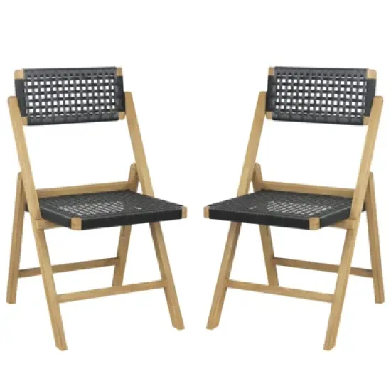 Tangkula 2PCS Folding Chairs w/ Woven Rope Seat & High Back Indonesia Teak Patio image {4}