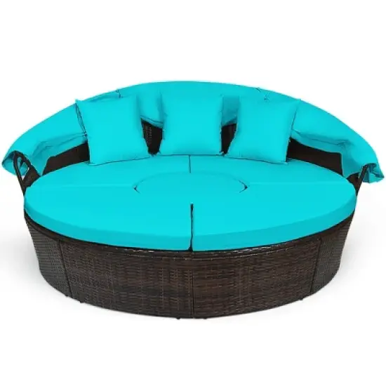 Tangkula Cushioned Patio Rattan Round Daybed w/ Adjustable Table 3 Pillows Turquoise image {5}