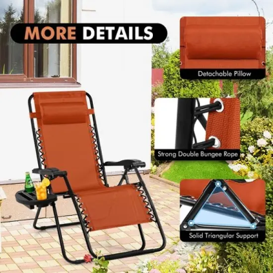 Costway Folding Zero Gravity Reclining Lounge Chairs Beach Patio with Utility Tray Orange image {4}
