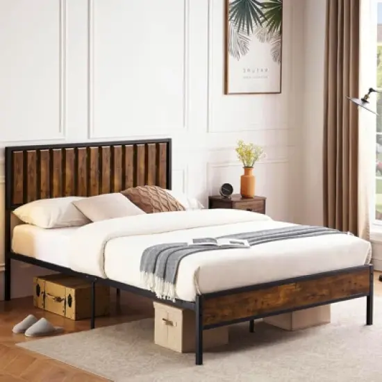 Bed Frame with Headboard Footboard Rustic Wood Farmhouse Platform Metal Wrought Rod Slat Bedframe, No Box Spring Needed, Easy Assembly image {6}