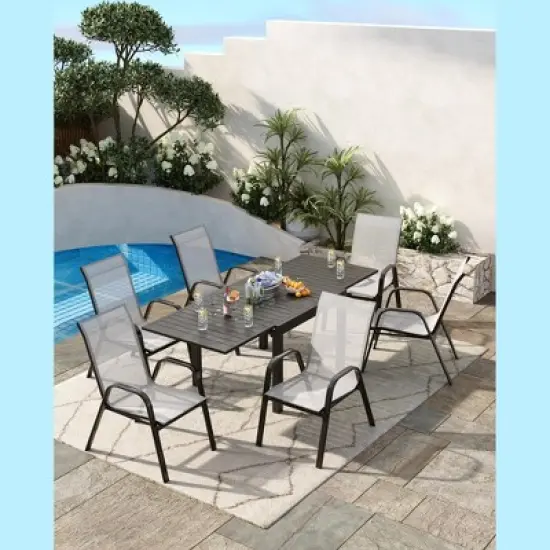 4 Set of Patio Stackable Chairs, Outdoor Stacking Dining Chairs, Leisure Recliner for Pools, Deck, Backyard, Grey Textile Metal Frame with armrests image {1}