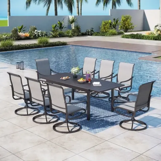 Captiva Designs 9pc Patio Dining Set with Slat-top Adjustable Steel Rectangle Table & Textilene Swivel Chairs image {16}